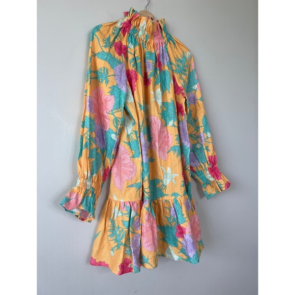 NEW Ephemera Tiered Mock Neck Garland Smock Colorful Floral Yellow Mini Dress - Picture 4 of 9